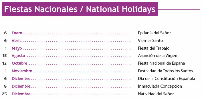 List of Spanish Holidays, Spanish National Holidays, Bank Holidays Spain  2012