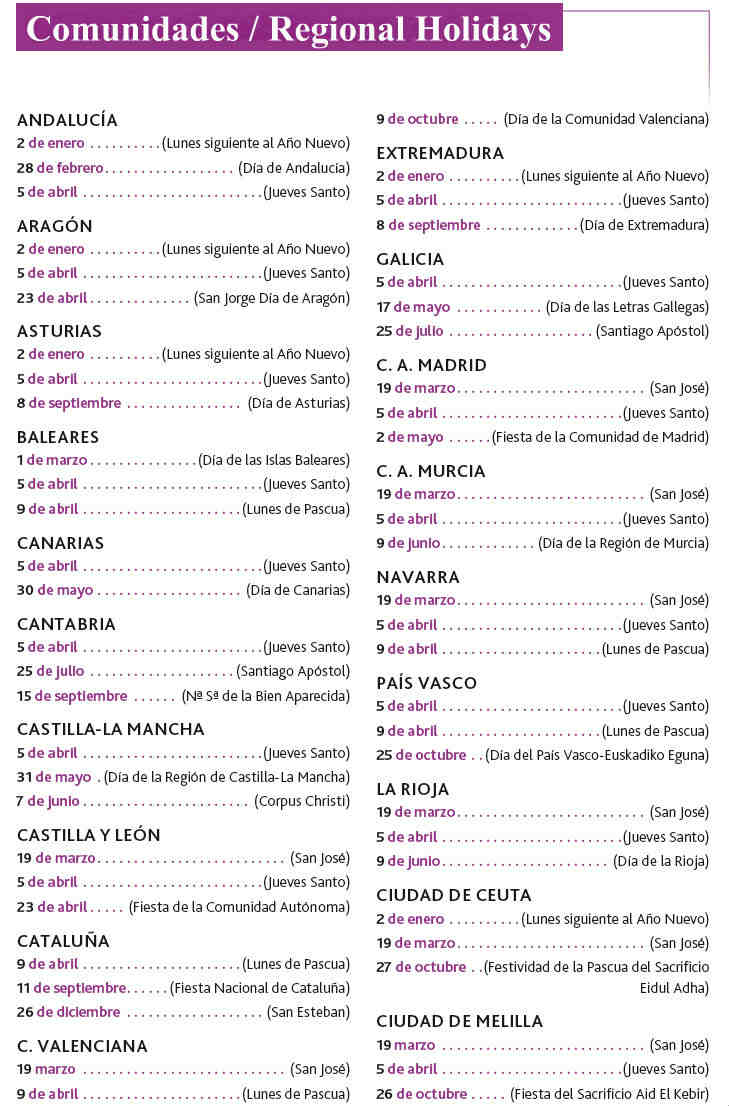 List of Spanish Holidays, Spanish National Holidays, Bank Holidays
